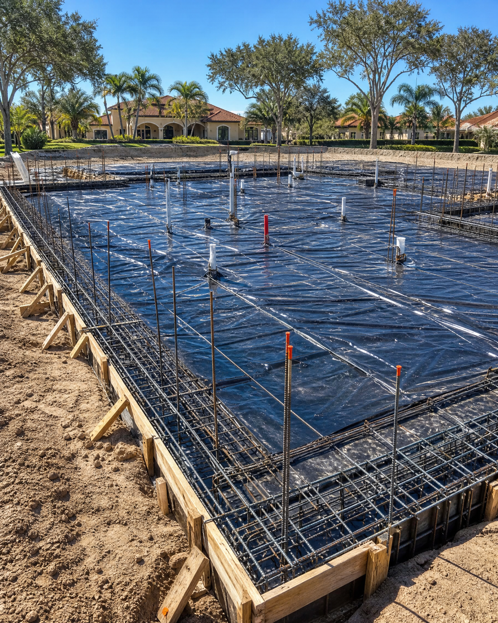 Central Florida luxury home slab-on-grade foundation prepared with perimeter reinforcement, vapor retarder, and plumbing rough-ins