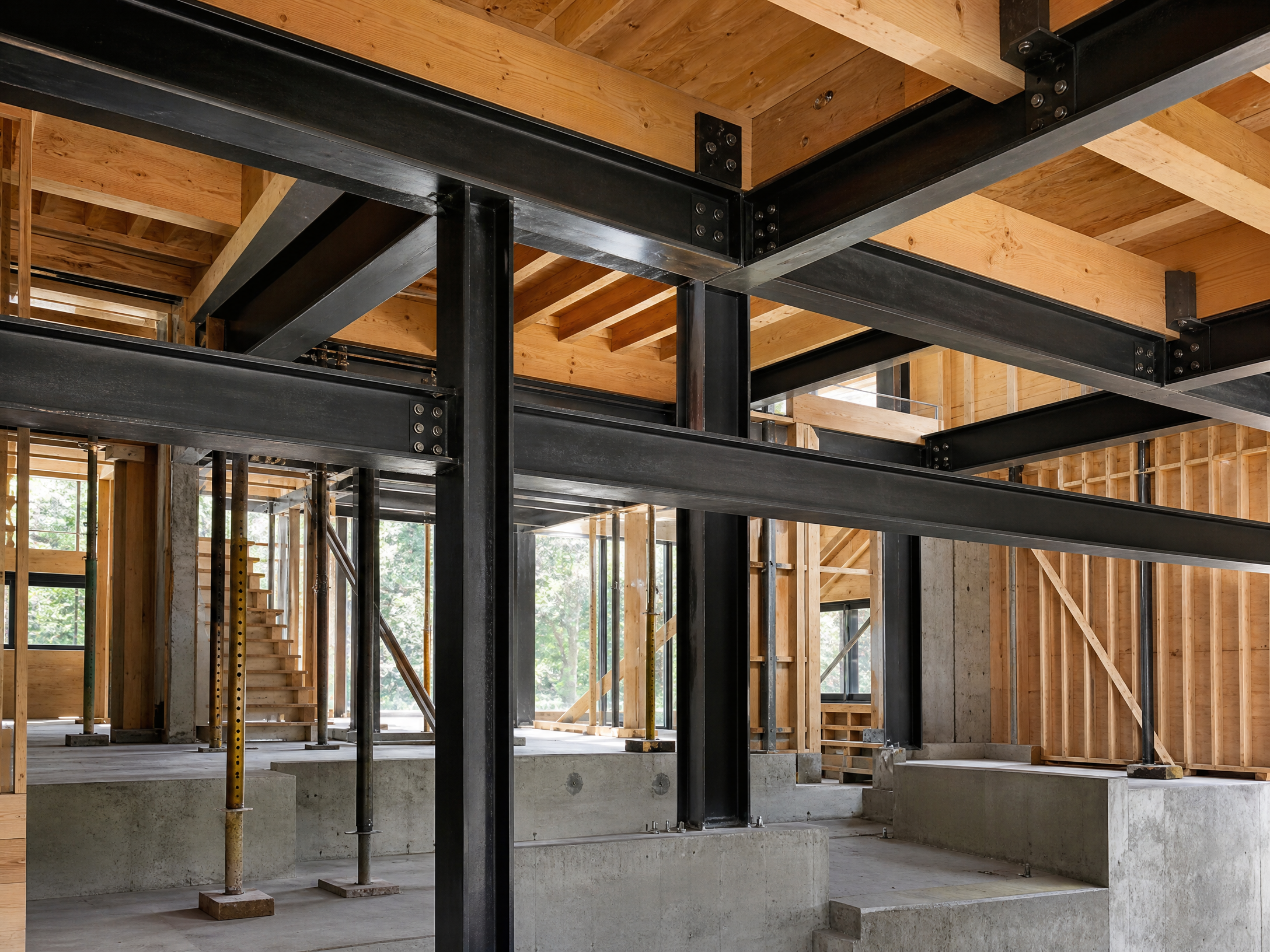 Black structural steel and timber framing